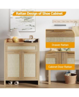 32” boho rattan shoe cabinet with doors and drawer, adjustable shelf, and wood finish—ideal as a coffee bar or accent console.