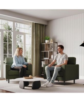 38" Mid Century Modern Green Chair, Tufted Linen, High-Density Foam, Ergonomic Arms, 350lbs, Living Room