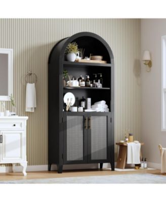 Arched Pantry Storage Cabinet with Rattan Decor, 5-Tier Display, Farmhouse Storage for Kitchen