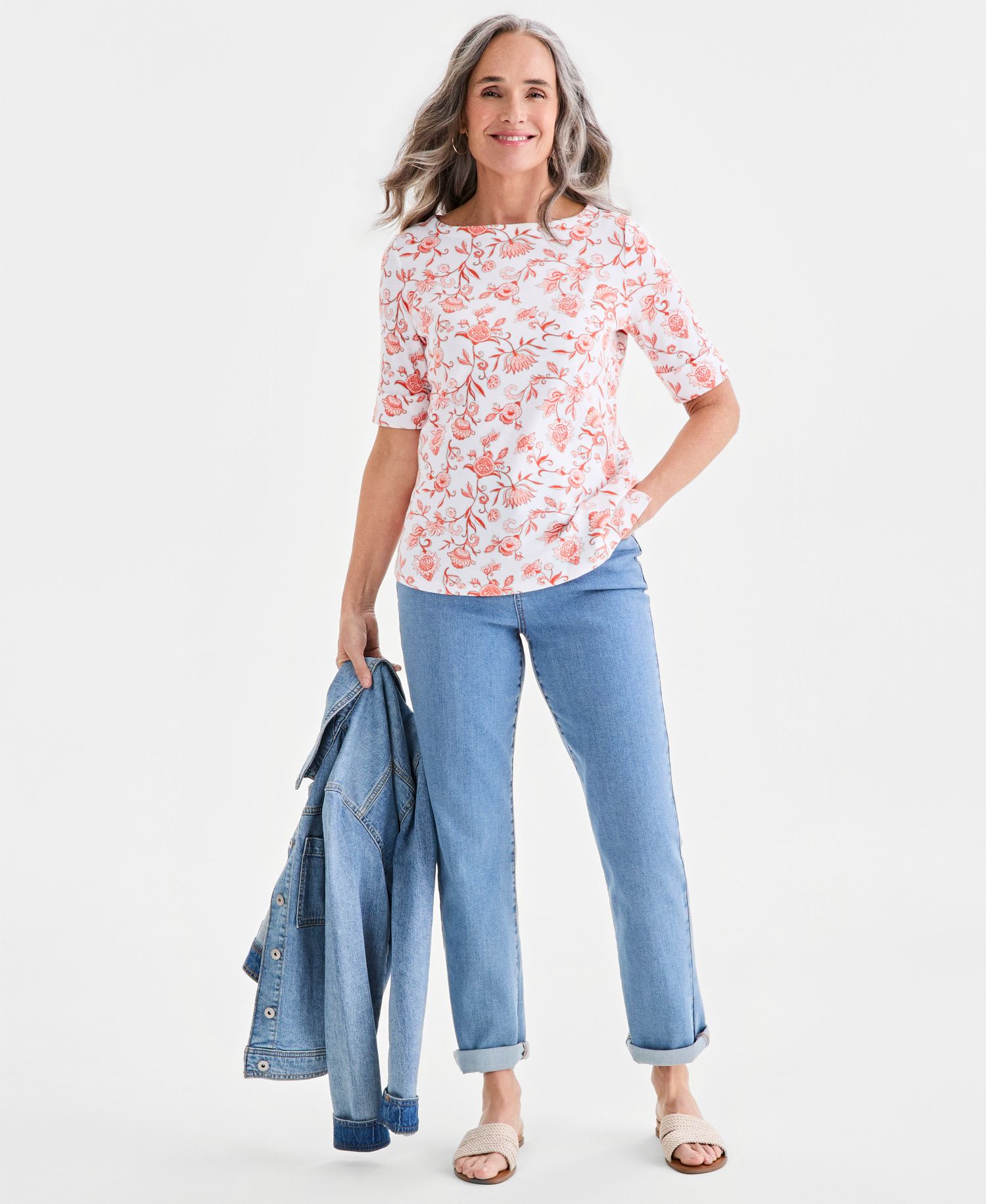 Petite Elbow-Sleeve Fresh Paisley Print Boat Neck Top