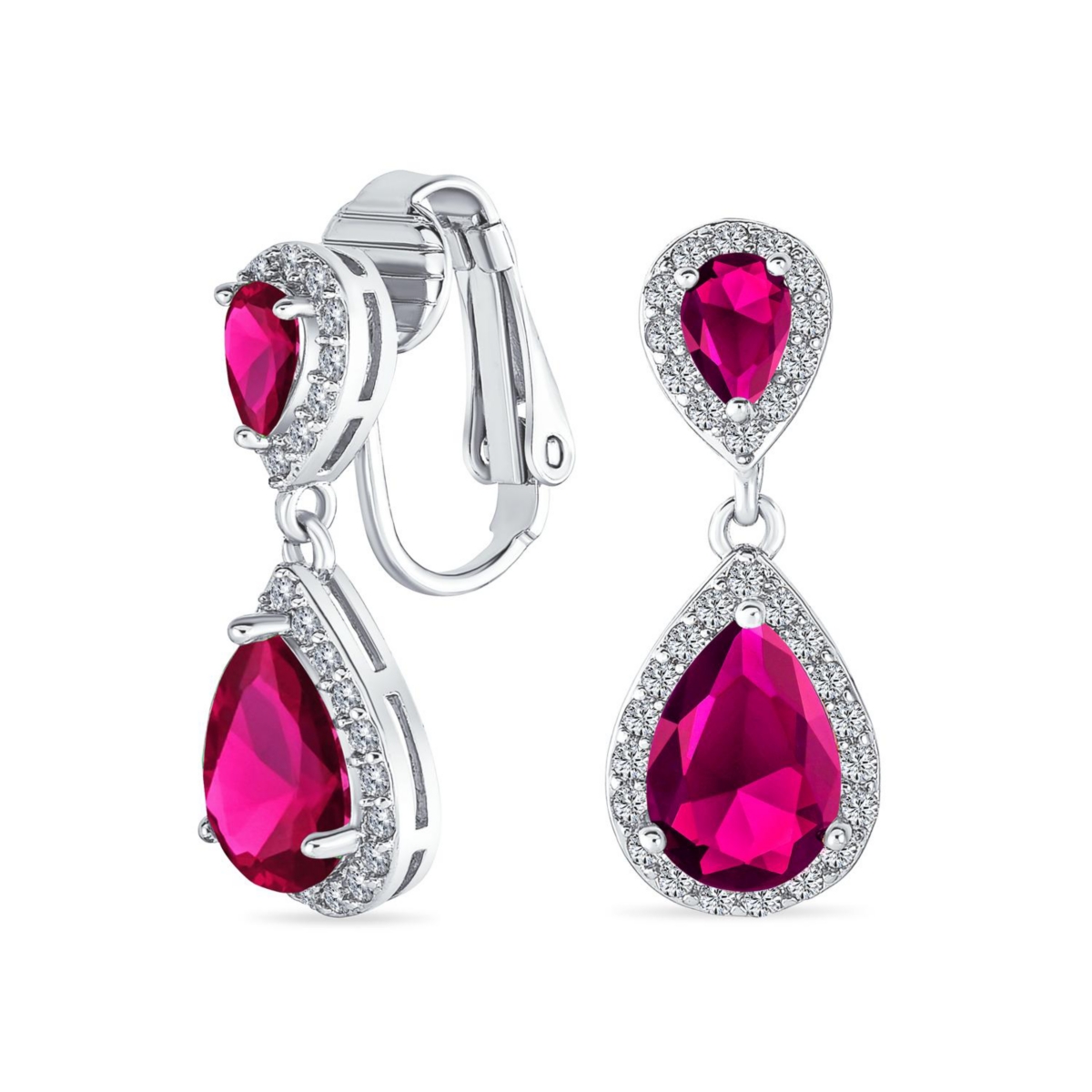 Bling Jewelry Classic Bridal Cocktail Halo Cubic Zirconia Blue Cz Double Solitaire Teardrop Dangle Clip On Earrings - Red