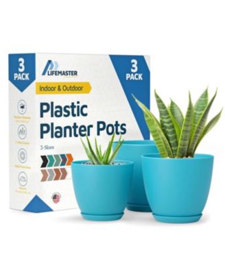 Blue Plant Pots 3 Pack with Drainage Holes & Saucers, Stackable Indoor & Outdoor Planters for Houseplants & Flowers, Durable & Weatherproof