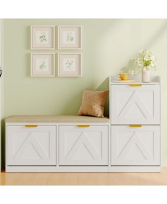 Farmhouse Freestanding Shoe Cabinet with Cushioned Bench and 4 Flip Drawers