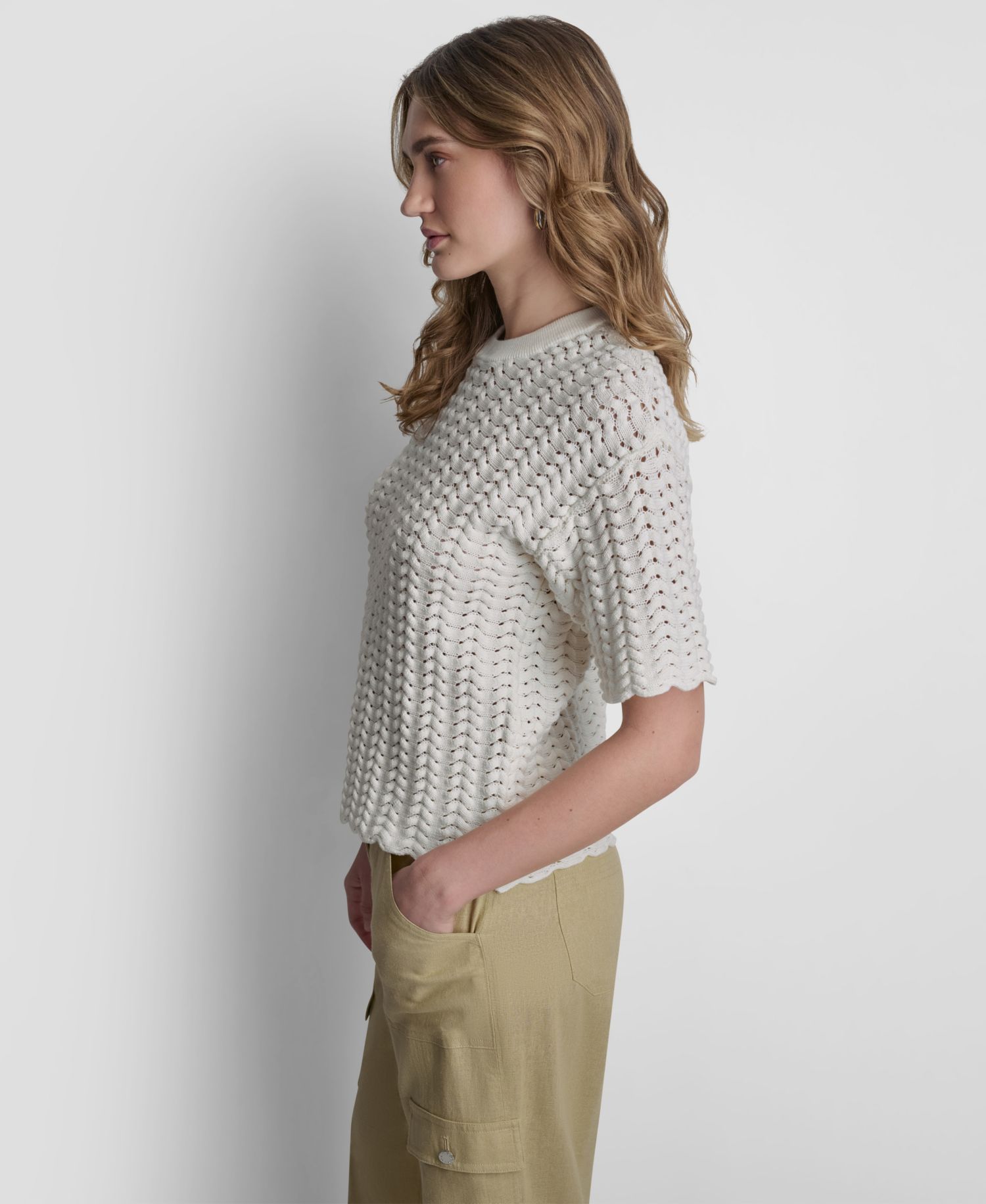 Women's Short-Sleeve Open Lattice Stitch Sweater
