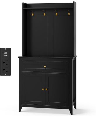 63" Pantry Cabinet with 4 Hooks, Kitchen Storage Cabinet with Charging Station, Coffee Bar Table for Living Room, Dining Room, 1 Large Drawer