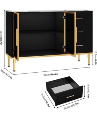 Buffet Sideboard Cabinet with Storage, 46.4" Large Fluted Kitchen Sideboard Cabinet with 2 Glass Doors 3 Drawers and Shelves