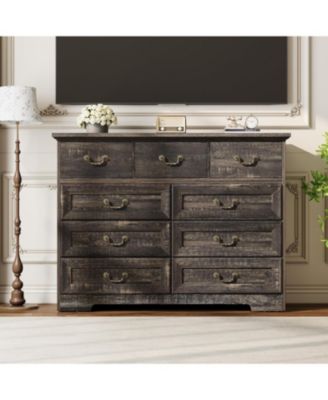 9-Drawer Vintage Wood Dresser, 47" Wide Storage Chest with Metal Pulls & Dual-Size Drawers for Bedroom, Hallway