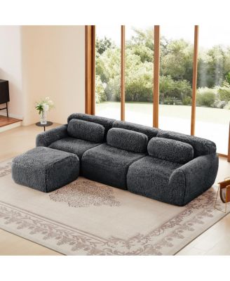 L-shaped Dark Gray Plush Sofa with Ottoman, High-Density Sponge, No Assembly