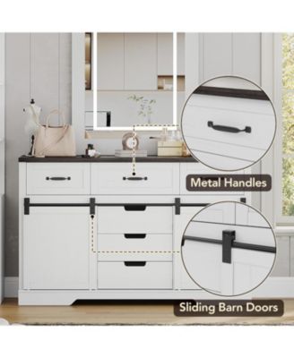 6 Drawers Dresser with LED Light Farmhouse Style Space Saving Sliding Door Storage Cabinet for Bedroom and Living Room