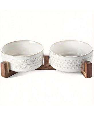 Ceramic Dog Bowl Set with Wood Stand Dual Food Water Weighted Non-Slip Base
