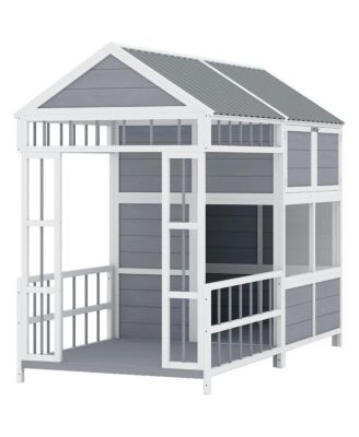 Large Outdoor Gray Wooden Dog House with Covered Porch, Waterproof Roof, Elevated Pet Kennel Shelter for Large Dogs