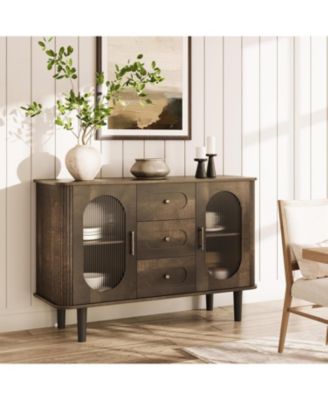 Sideboard Buffet Cabinet with Fluted Glass Doors & 3 Drawers - Modern Mid-Century Credenza Storage with Adjustable Shelves for Kitchen, Dining
