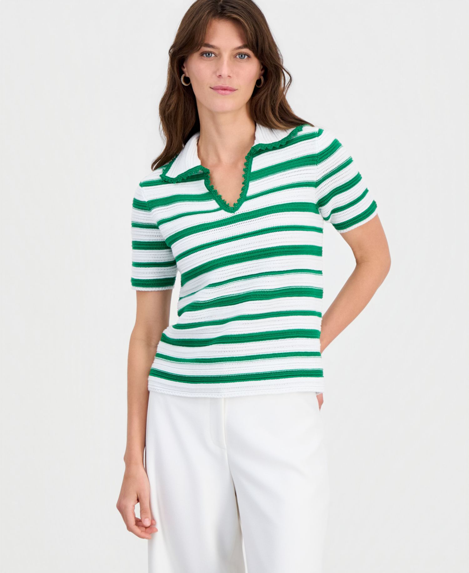 Women's Striped Split-Neck Collared Top