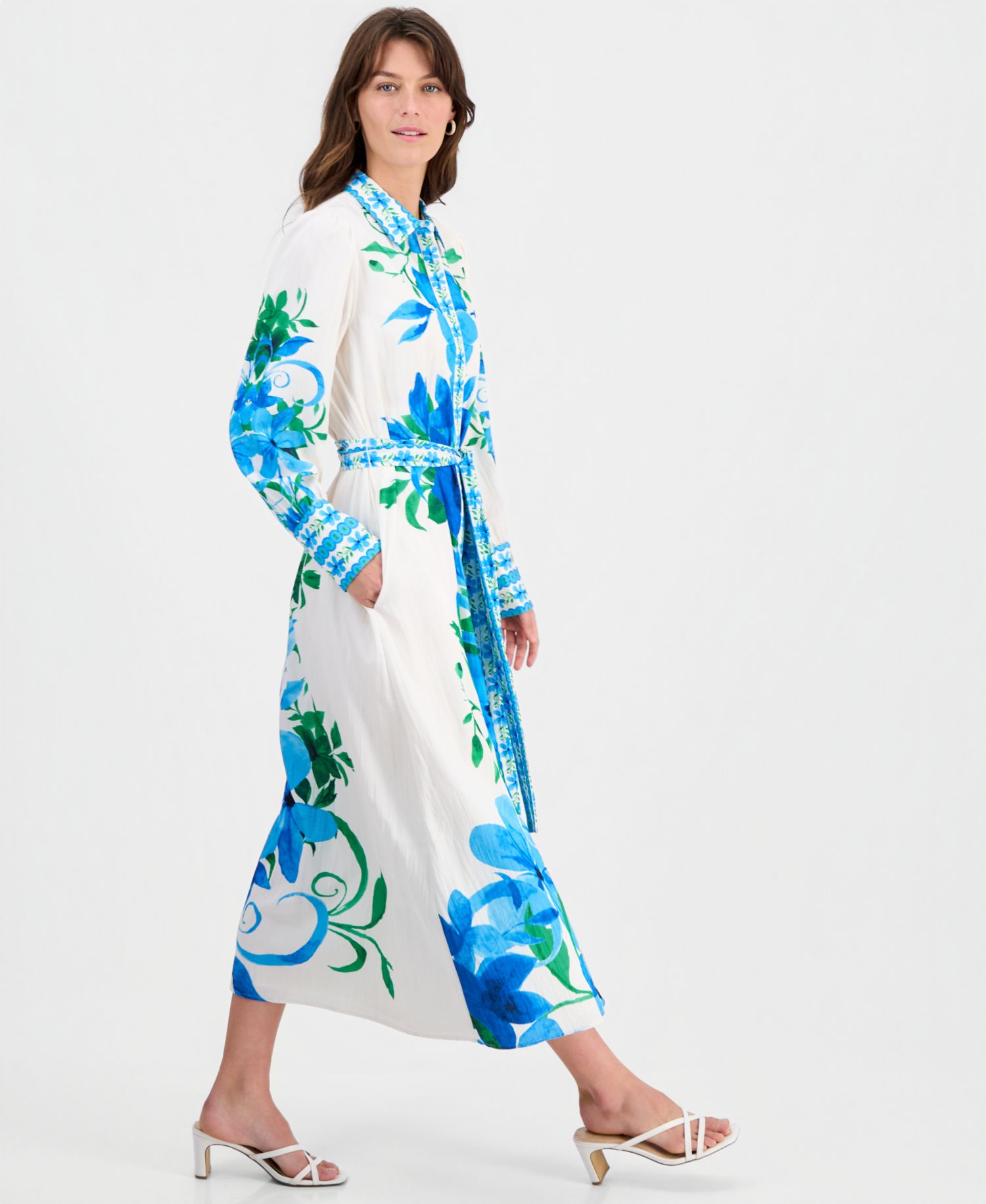 Women's Printed Tie-Waist Button-Down Maxi Dress