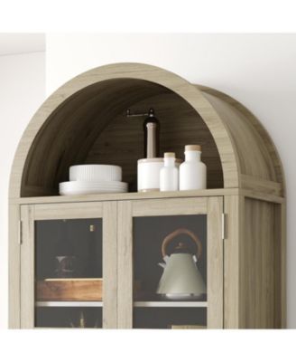 Tall Arched Kitchen Pantry Cabinet, Modern Farmhouse Kitchen Storage Cabinets with LED Lights, Arched Cabinet with Open & Adjustable Shelves