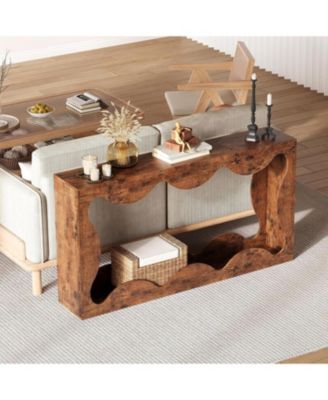 Slim Farmhouse Console Table for Entryway, 2-Tier Wood Scalloped Sofa Table with Storage Shelf