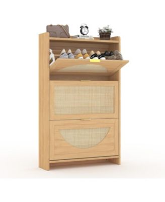 Rattan Shoe Storage Cabinet Flip Drawers, Free Standing Narrow Shoe Organizer Cabinet with Rattan Doors, Wooden Shoe Rackf
