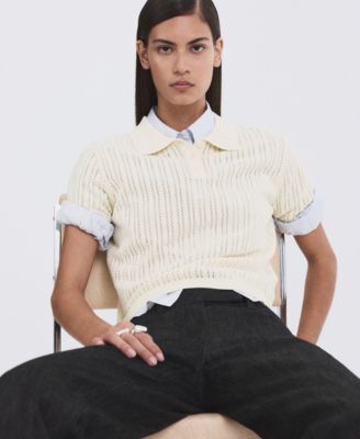Women's Openwork Knitted Polo-Neck Sweater