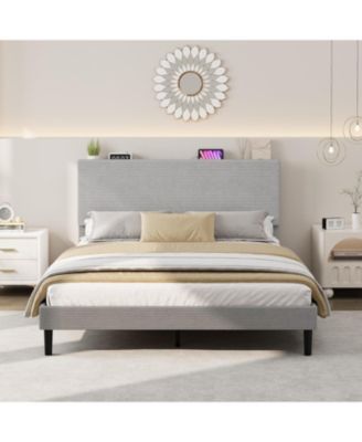 Queen Bed Frame with Charging Station, Corduroy Upholstered Platform Bed with Headboard Shelf, Wooden Slats, Noise Free, Easy Assembly