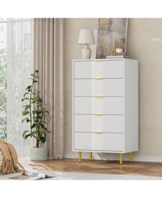 Fluted 5-Drawer Dresser, Modern Wooden Chest with Metal Handles, Space-Saving Clothes Storage for Bedroom, Living Room, Hallway