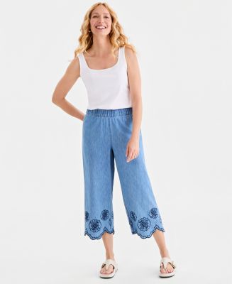 Style & Co Petite Chambray Scalloped Eyelet Hem Wide-Leg Capri