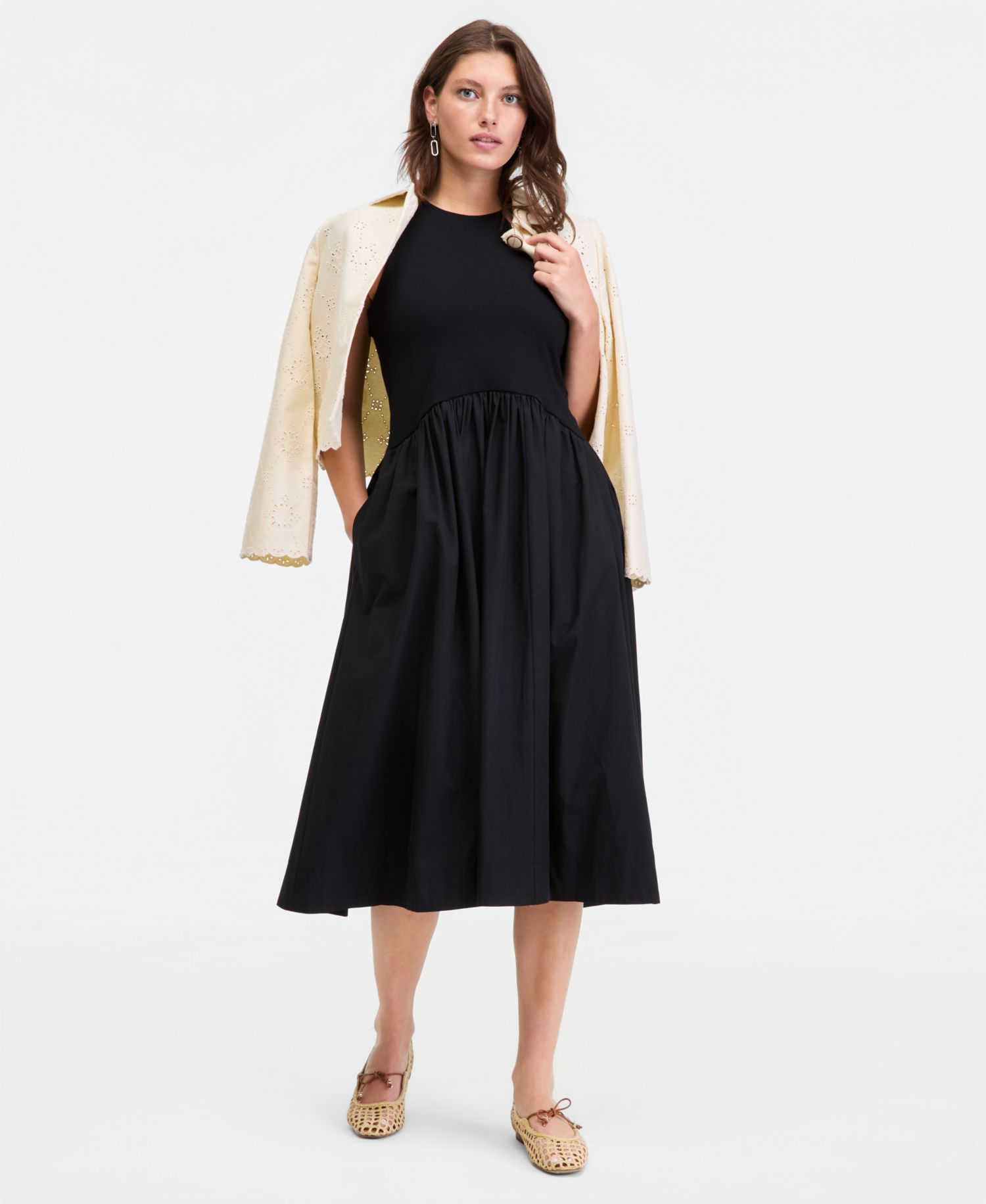 Women's Curved-Waist Mixed-Media Midi Dress
