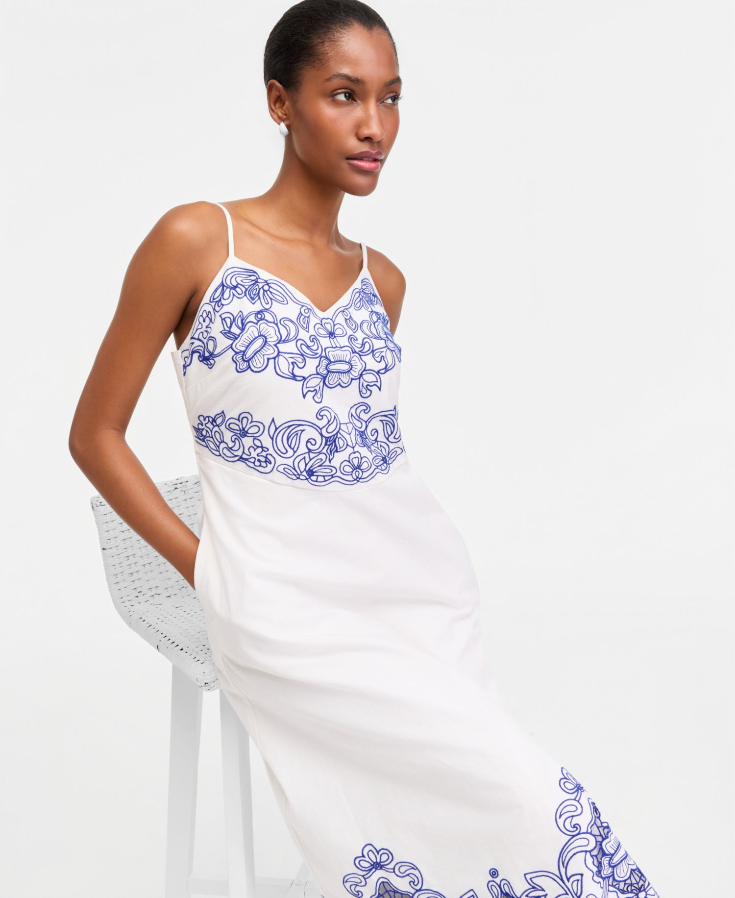 Women's Linen Blend Solid Cutwork Tank Midi Dress