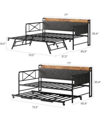 Twin Daybed with Trundle and LED Lights, Upholstered Headboard with Charging Station, Sofa Bed for Living Room or Bedroom