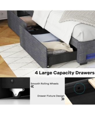 Queen Size Upholstered Platform Bed Frame with LED Lights and Charging Station