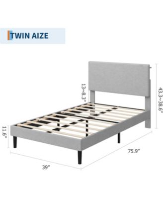  Bed Frame with USB Charging Station, Corduroy Upholstered Platform Bed Frame with Adjustable Storage Headboard, Wooden Slats Support