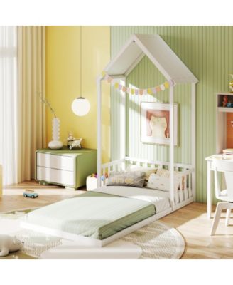 Twin Size House Bed with House Shape Roof and Semi-Fence