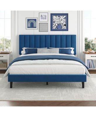 Bed Frame Queen Size with Adjustable Height Vertical Channel Tufted Headboard, Upholstered Platform Bed Frame with Sturdy Wooden Slats Support