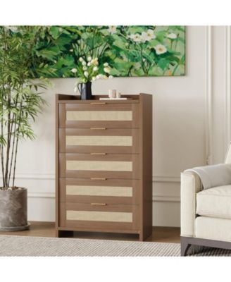 Rattan 5 Drawers Dresser for Bedroom, Chest of Drawers 46 in Tall Dresser for Closet, Boho Night Stand Large Clothes for Living Room