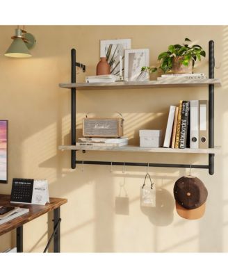 Floating Shelves Wall Mounted 31" 2-Tier Storage Rack with Towel Bar 8 Hooks