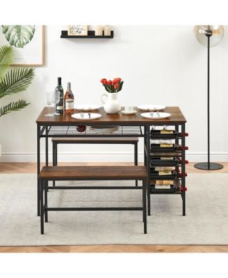 Dining Table Set for 4, 47.2" Rectangular Table with 2 Benches, Metal Frame, Wine Rack, 2-Tier Shelf, Vintage