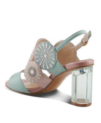 Women's Embroidery Pumps and Heels - Geometric Design, Adjustable Ankle Strap, Transparent Cylindrical Heel