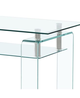 Rectangle 2-Tier Glass Coffee Table, Modern Small Center Table with Storage and Metal Legs for Living Room, Home Office