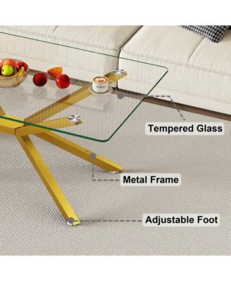 Rectangular Clear Tempered Glass Coffee Table with Adjustable Feet and Metal Legs for Living Room