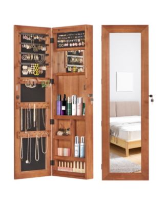 Solid Wood Jewelry Armoire Organizer Cabinet with Full-Length Mirror Wall-Mounted Lockable with LED Light 47.5x14.3 in
