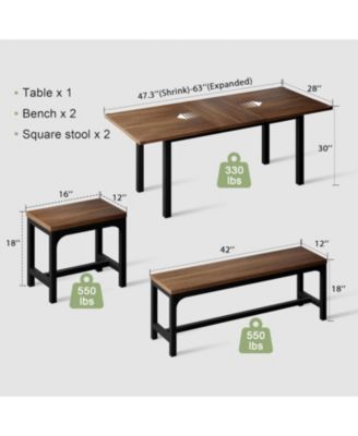 5-Piece Extendable Dining Table Set for 4-8 People,63 Inch Kitchen Table with 2 Benches & 2