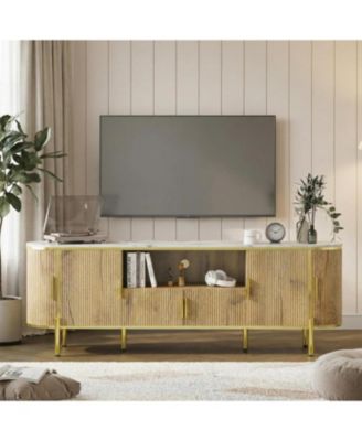 Luxury Fluted TV Stand with Faux Marble Top & Curved Sliding Doors, Modern Entertainment Center for TVs Up to 80", Large Storage Media Console