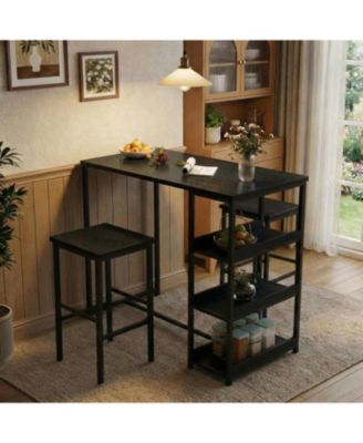 3-Piece Kitchen Table Set with Storage Shelves & 2 Bar Stools, Iron & Wood, Dining Table for Small Spaces