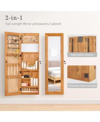Solid Wood Jewelry Armoire Organizer Cabinet with Full Length Mirror Wall Mounted Lockable with LED Light