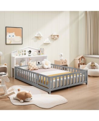 Full Size Headboard Storage Cabinet with Chalkboard for Montessori Bed