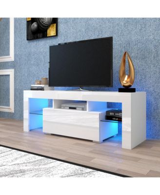 Led Tv Stand for 55 Inch TV, 51.18" Entertainment Center with Glass Shelves and Storage Drawer for Living Room and Bedroom