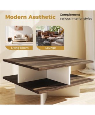2-Tier Square Coffee Table with 4 Storage Compartments-Walnut