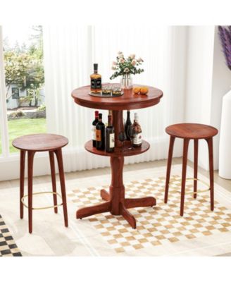 2-Tier Round High Top Bar Table with Storage Shelf and Pedestal Base-Espresso