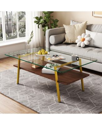 Rectangle Coffee Table, 2 Tier Center Table with Clear Tempered Glass Top and Metal Legs for Living Room