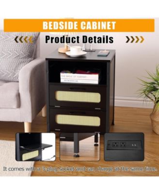 Nightstand with LED Lighting Charging End Table with 2 USB Ports and 2 Outlets Bedroom Night Stand with 2 Rattan Decorated Drawers , Open Shelf