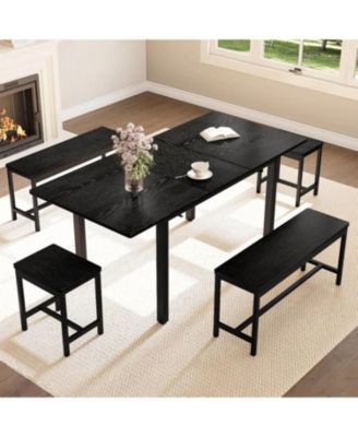 5-Piece 63" Modern Extendable Dining Table Set with 2 Benches and 2 Square Stools